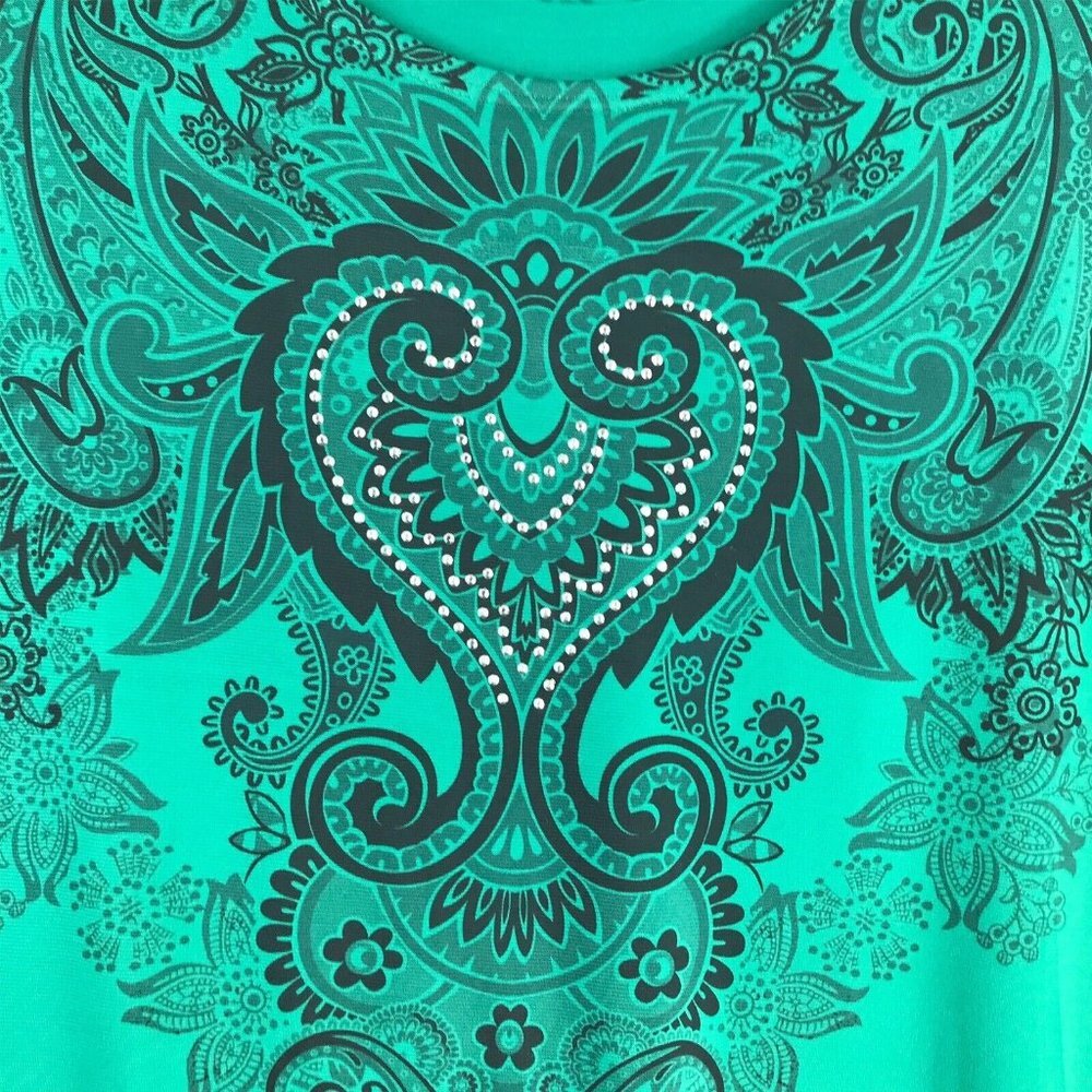 Womens Top Emerald Green Black Blouse Small S Slinky Heart 3/4 Sleeve - Picture 2 of 6